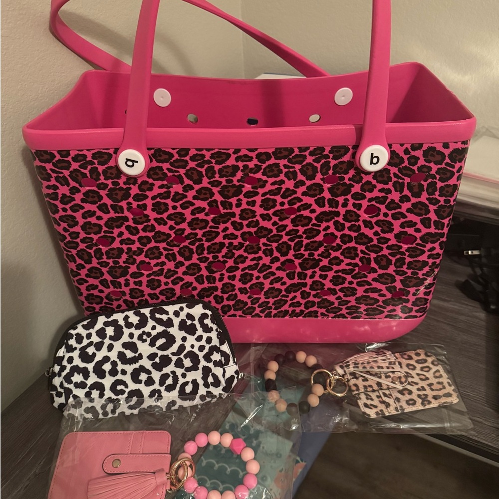 Pink Leopard Tote Bag with Accessories
